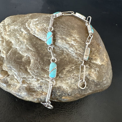 Blue Turquoise Navajo Old Pawn Sterling Silver Inlay Bracelet 7.5” 18152