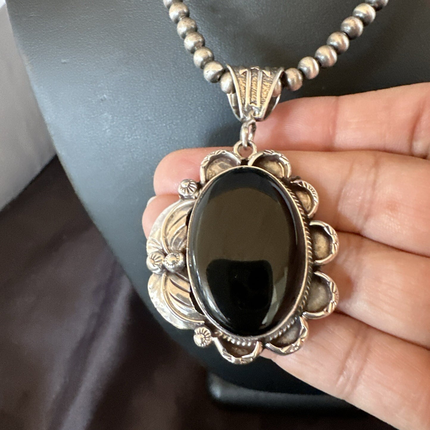 Mens Womens Black Onyx Pendant Navajo Sterling Silver Beads Necklace 18306