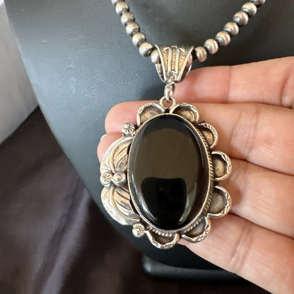 Mens Womens Black Onyx Pendant Navajo Sterling Silver Beads Necklace 18306