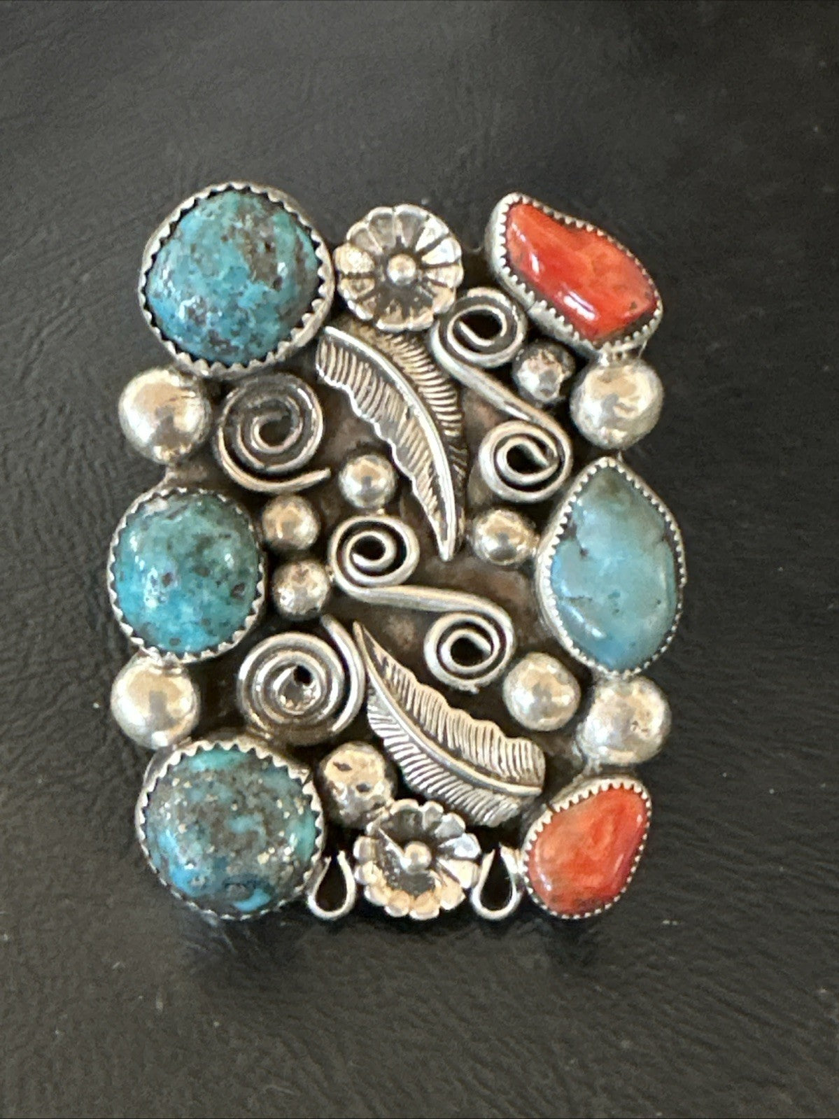 Navajo Blue Turquoise Coral Ring Multi-Stone Cluster Sz 10.5 19779