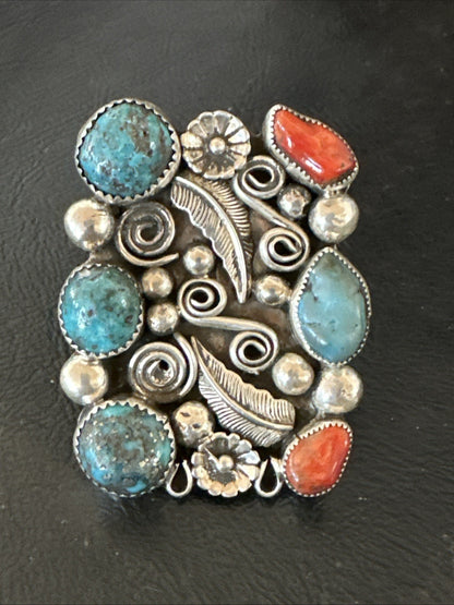 Navajo Blue Turquoise Coral Ring Multi-Stone Cluster Sz 10.5 19779