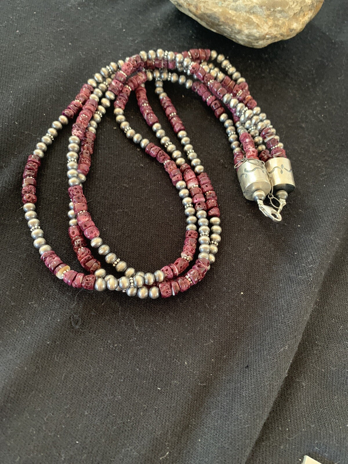 Native Navajo Sterling Silver 3 Strand Purple Spiny Oyster Necklace 22” 10115