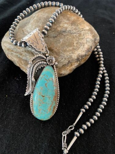 Men's Turquoise#8 Pendant | Navajo Pearls Sterling Silver Necklace 19721