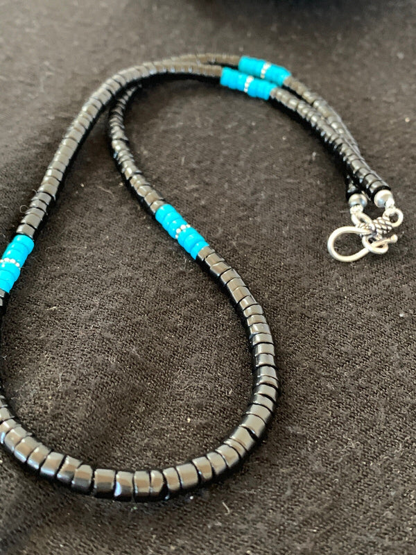 Men's Blue Turquoise Heishi Onyx Necklace Navajo | Sterling Silver | Authentic Native American Handmade | 8823