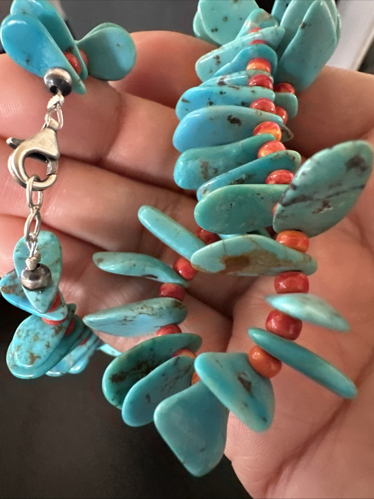 Blue Turquoise Red Spiny Oyster Navajo Pearls Sterling Silver Necklace 21" 19318