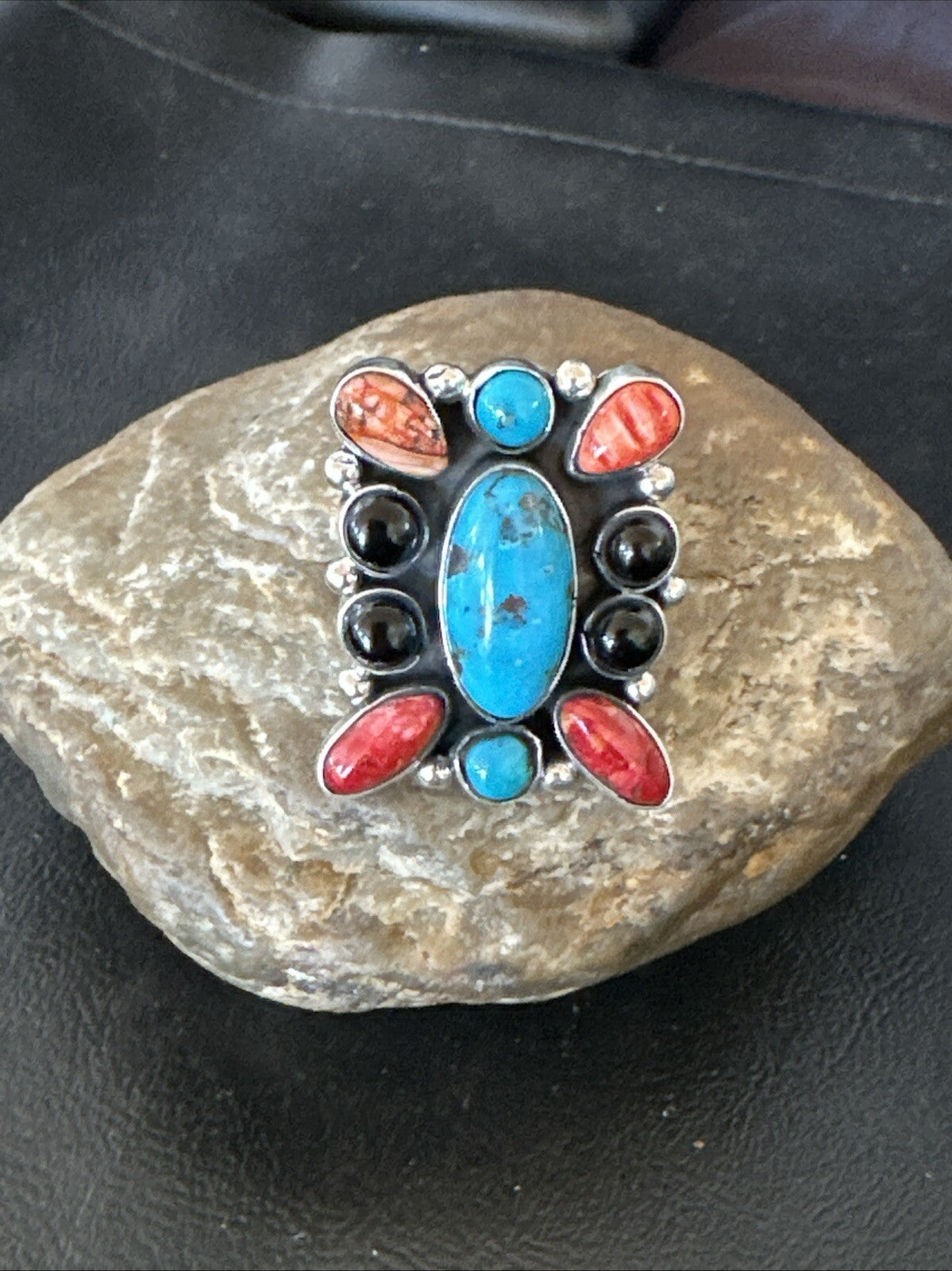 Cluster Blue Turquoise Spiny Oyster Onyx Sterling Silver Ring Size 10 18559