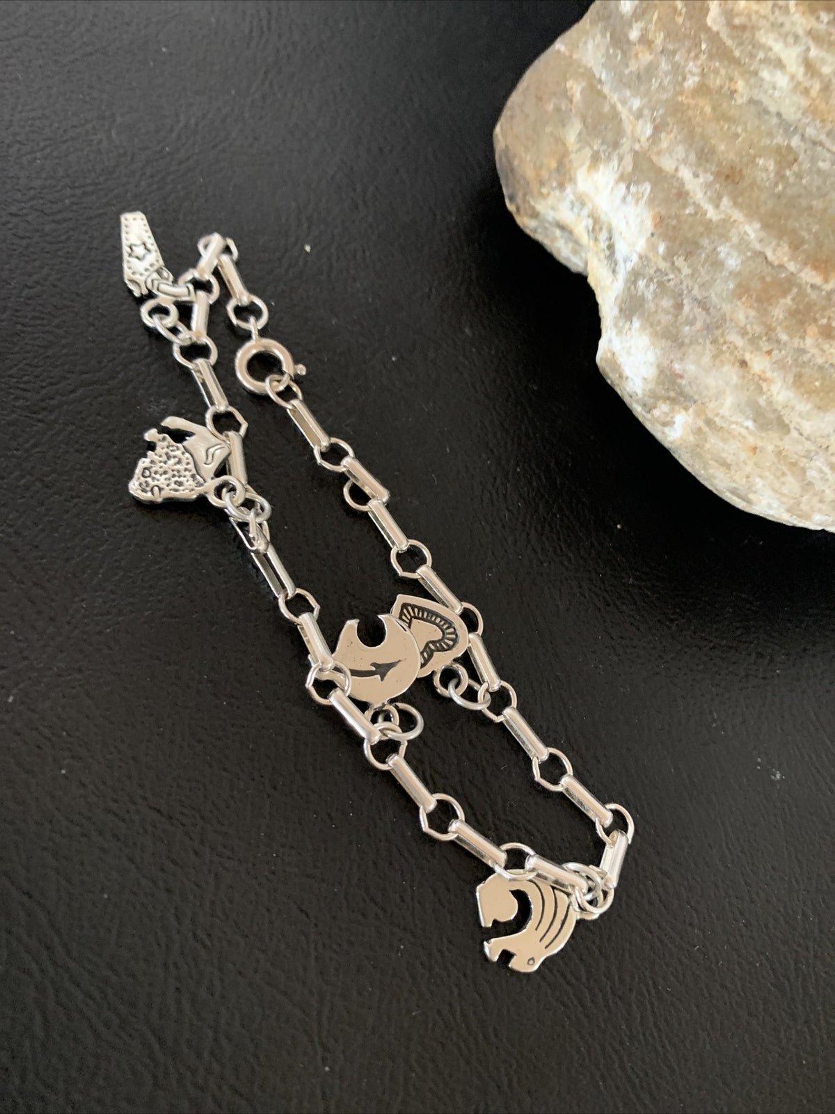 Kokopelli Different Charms Navajo Sterling Silver Link Bracelet 7.5" 1464