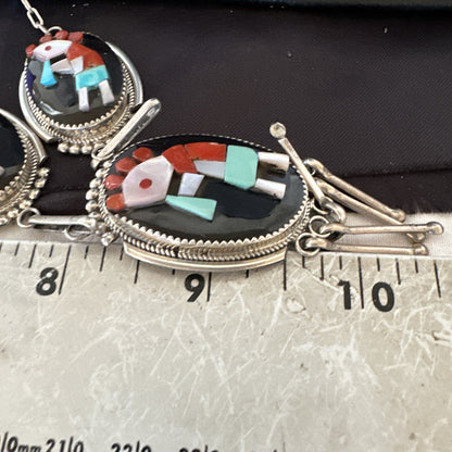 Kokopelli Turquoise Coral Zuni Inlay Sterling Silver Necklace Earrings 19078 Set