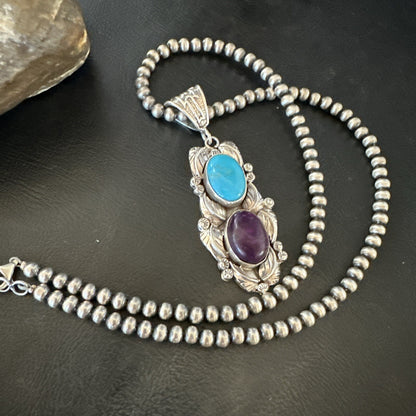 Blue Kingman Turquoise  Purple Stone Pendant Navajo Sterling Silver 18037
