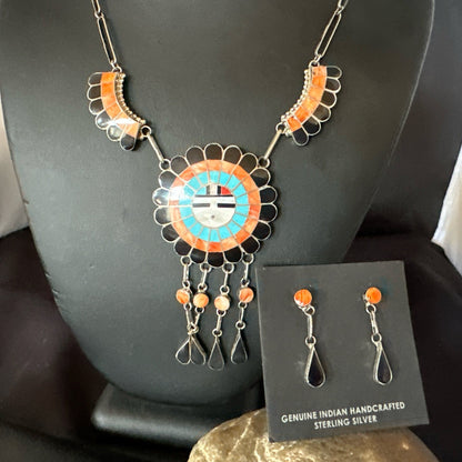 Sunface Spiny Onyx Turquoise Zuni Sterling Silver Necklace 19" Earrings 19114