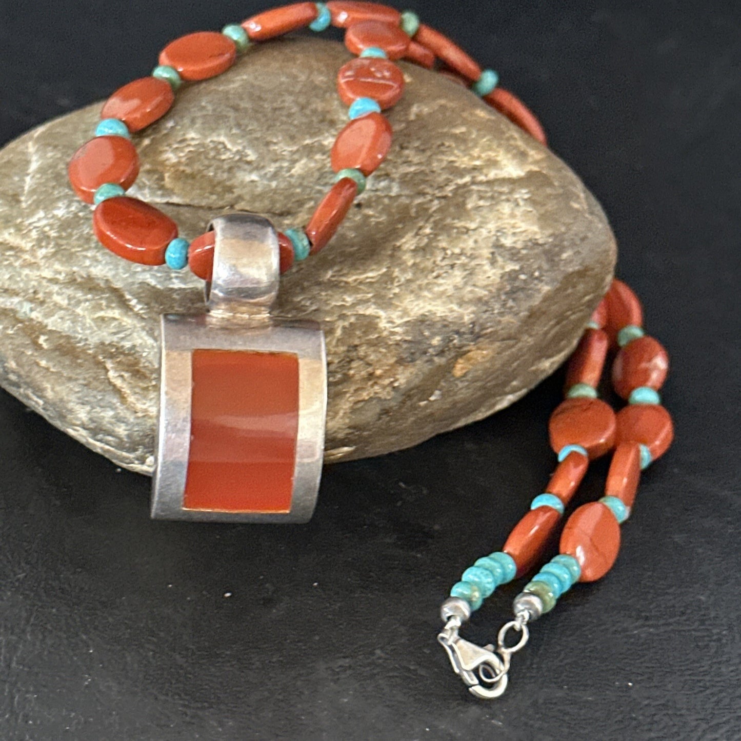 Carnelian Turquoise Navajo Pearls Sterling Silver Necklace Pendant 14375