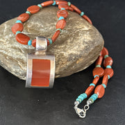 Carnelian Turquoise Navajo Pearls Necklace Pendant | Sterling Silver | Authentic Native American Handmade | 14375