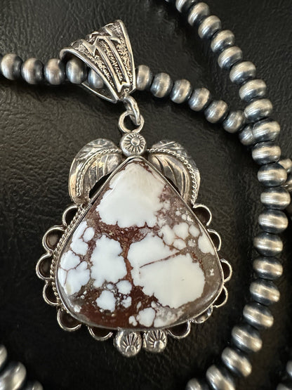 Navajo Pearls Sterling Silver Wild Crazy Horse Turquoise Necklace Pendant 19391