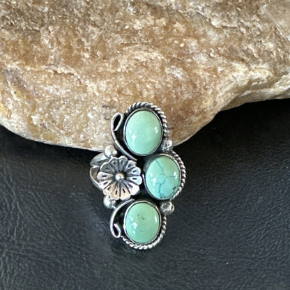 Yazzie Ring Green Turquoise Navajo Sterling Silver Cluster Size 9 19216