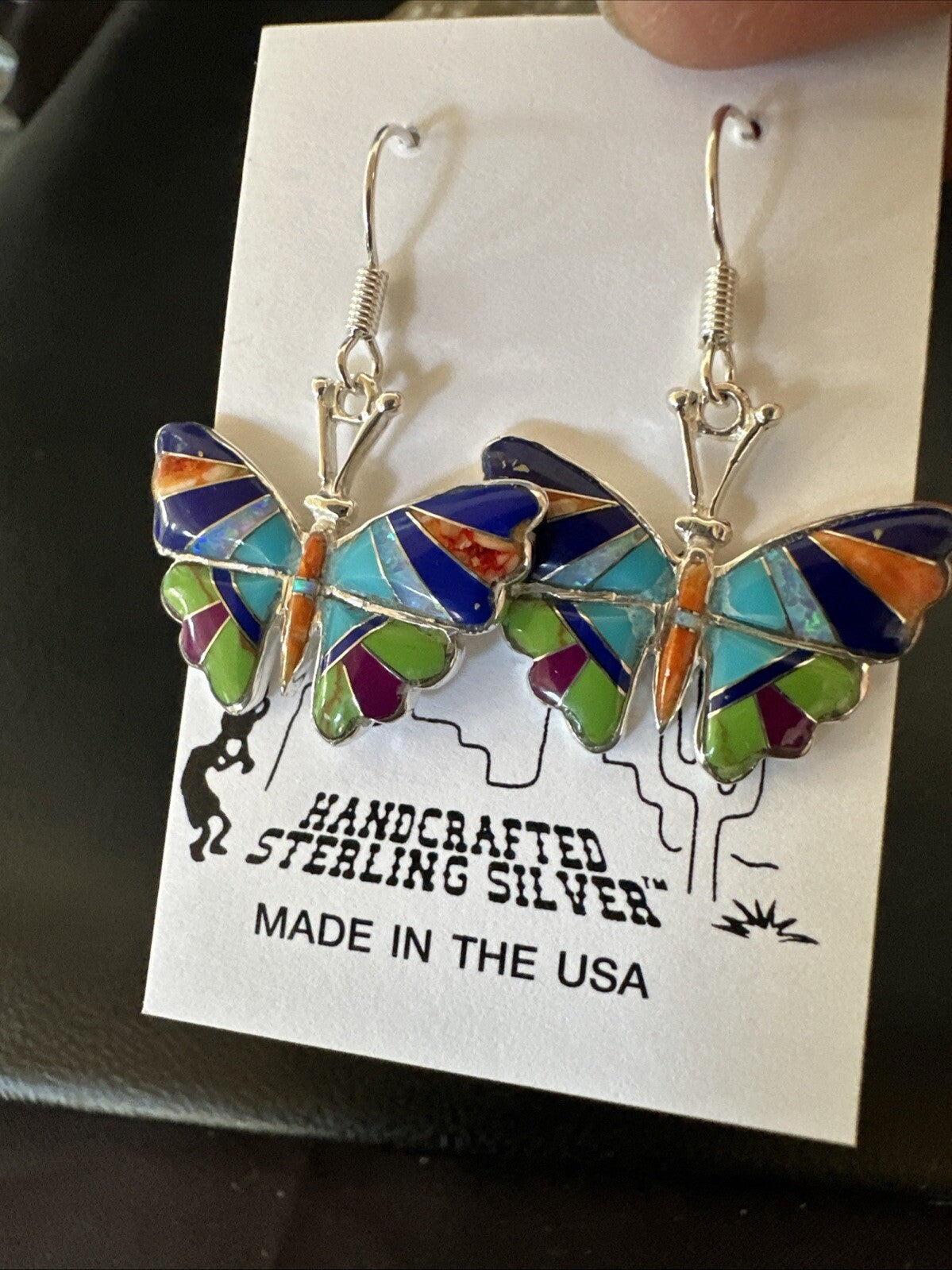 Butterfly Multicolor Spiny Lapis Opal Inlay Sterling Silver Earrings 19141