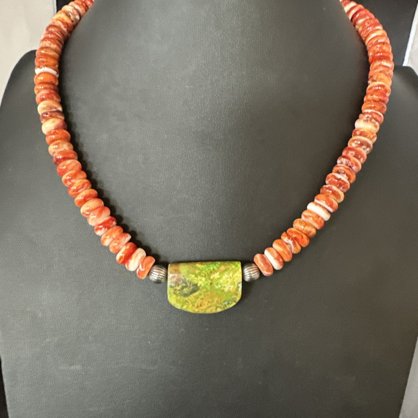 Orange Spiny  Green Turquoise Navajo Sterling Silver Pendant Necklace 20” 19636