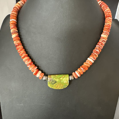 Orange Spiny  Green Turquoise Navajo Sterling Silver Pendant Necklace 20” 19636