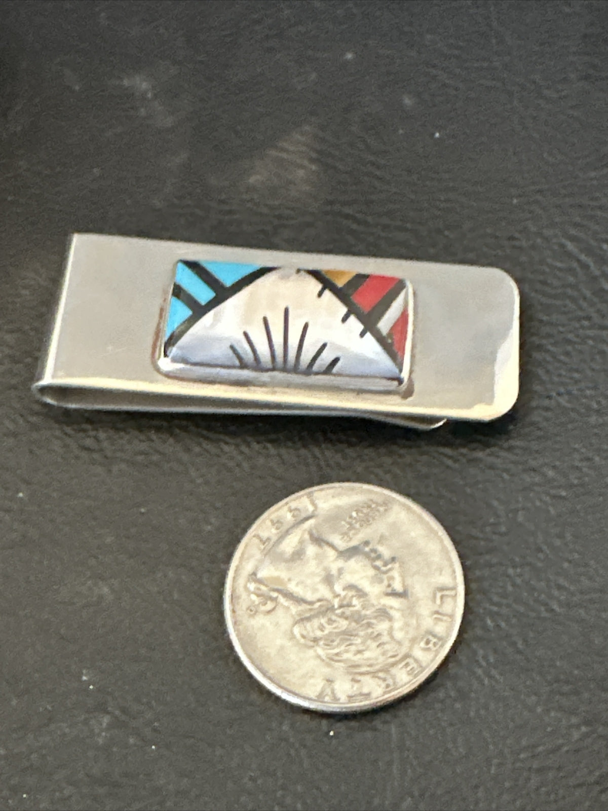 A Zuni Mens Turquoise Spiny Inlay Stainless Sterling Silver Money Clip 17836