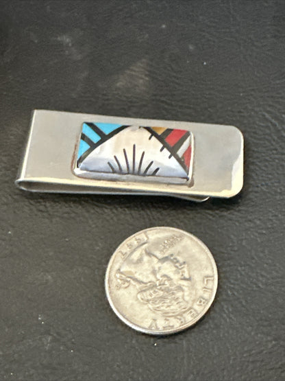 A Zuni Mens Turquoise Spiny Inlay Stainless Sterling Silver Money Clip 17836