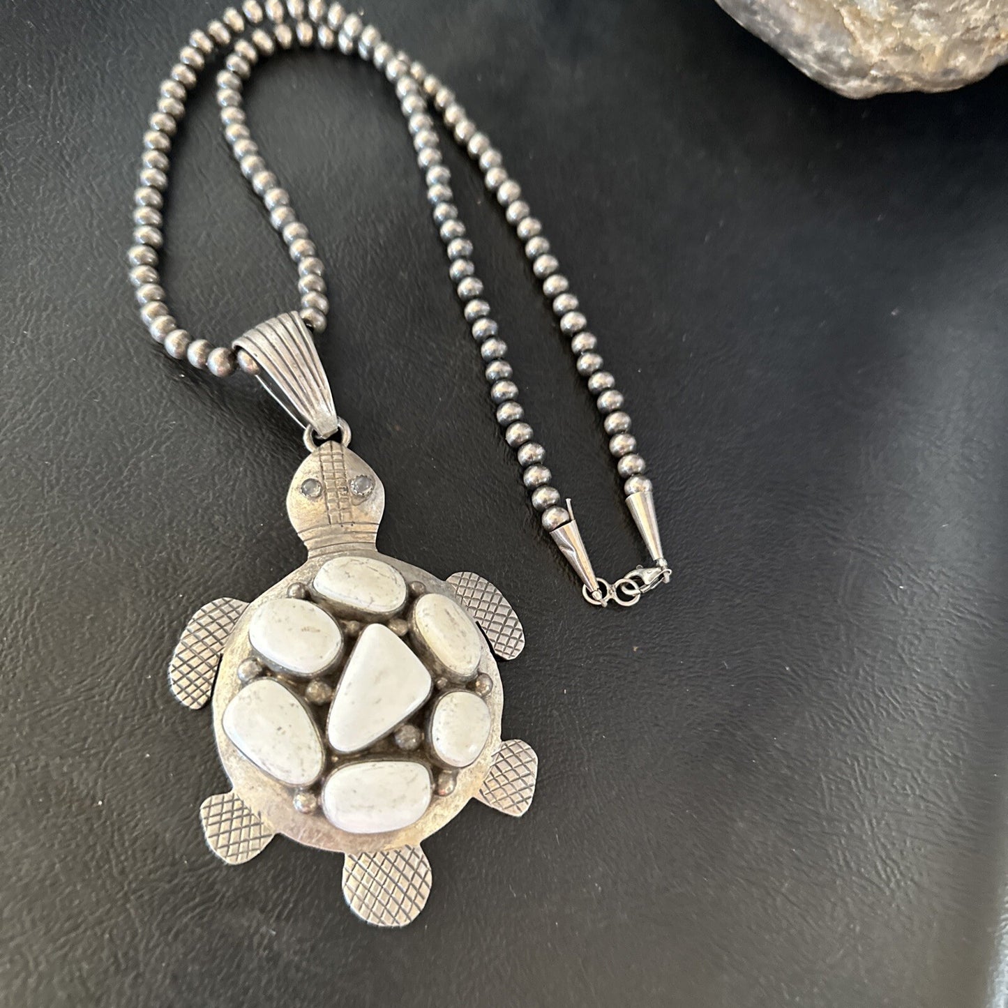 CLUSTER Turtle Navajo White Buffalo Turquoise Sterling Silver Pendant 14528