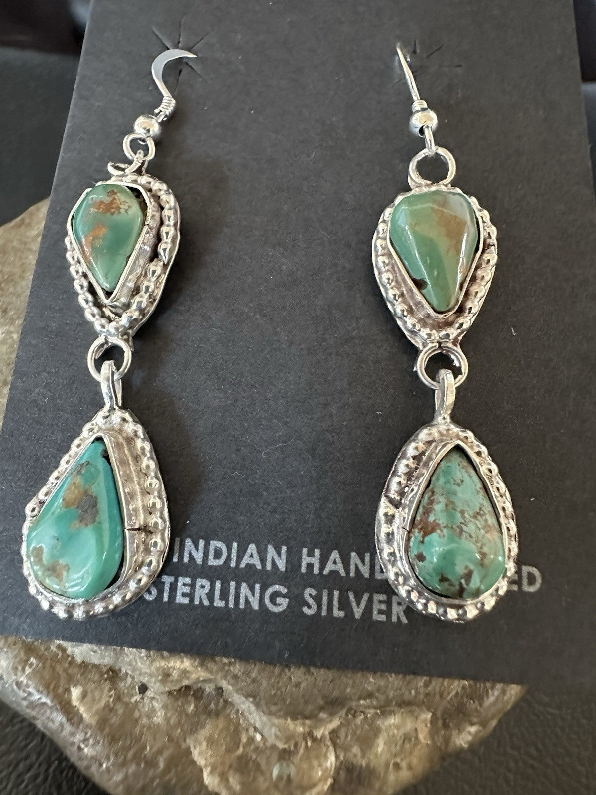 Green Royston Turquoise Navajo Sterling Silver Dangle Earrings 19371