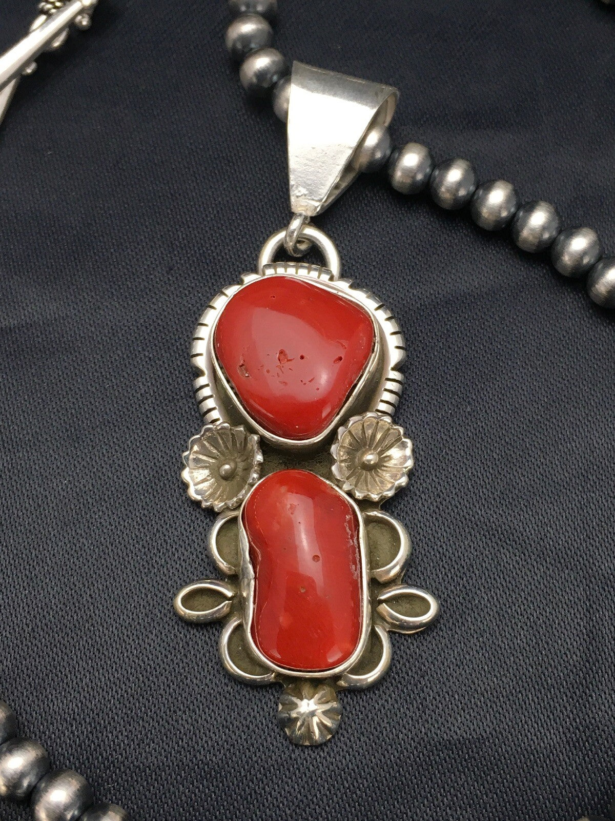 Red Coral Cluster Pendant Navajo Sterling Silver Necklace Native American 18930