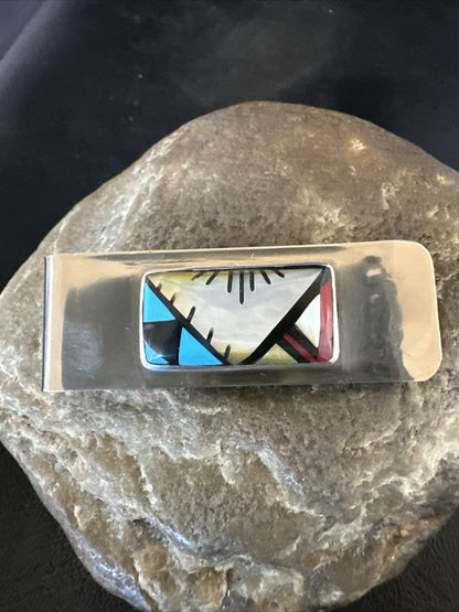 A Zuni Mens Turquoise Spiny Inlay Stainless Sterling Silver Money Clip 17835