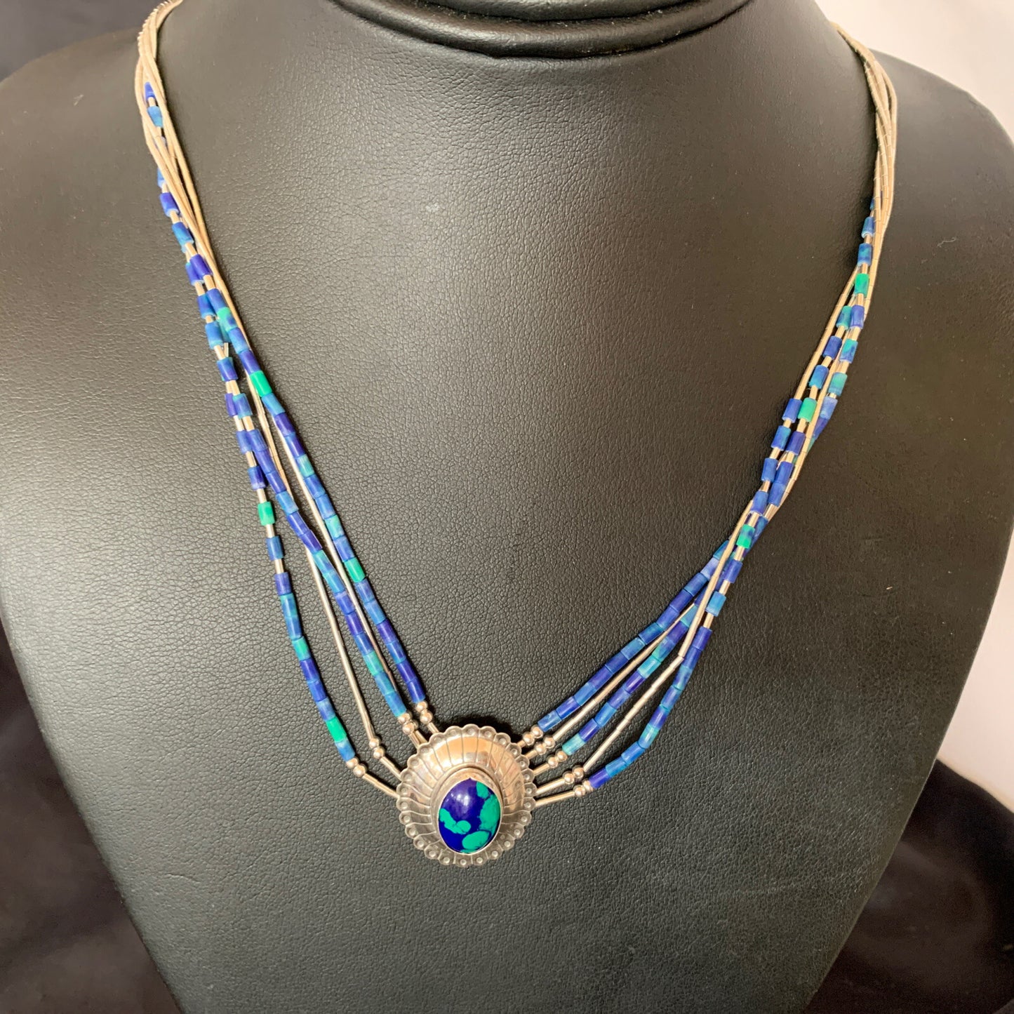 Blue Azurite Pendant Stabilized Heishi 5 Stands Sterling Silver Necklace 10353