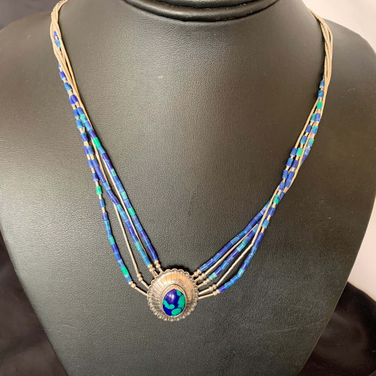 Blue Azurite Pendant Stabilized Heishi 5 Stands Sterling Silver Necklace 10353