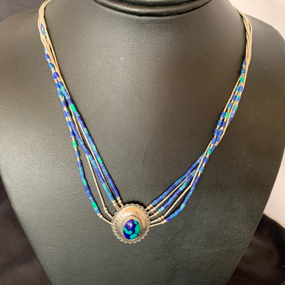 Blue Azurite Pendant Stabilized Heishi 5 Stands Sterling Silver Necklace 10353
