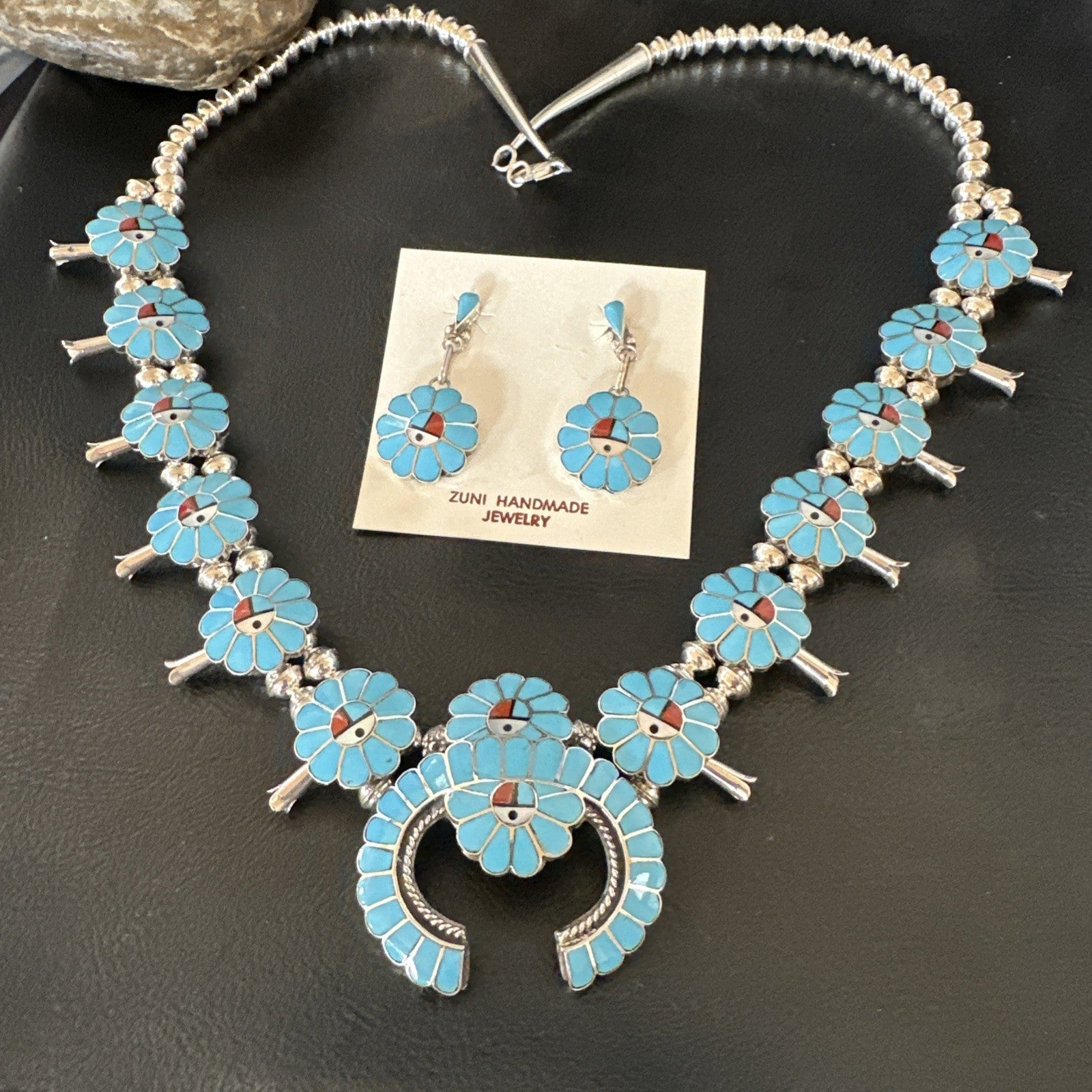 Old Pawn Sunface Turquoise Zuni Sterling Silver Squash Necklace Earrings 19289