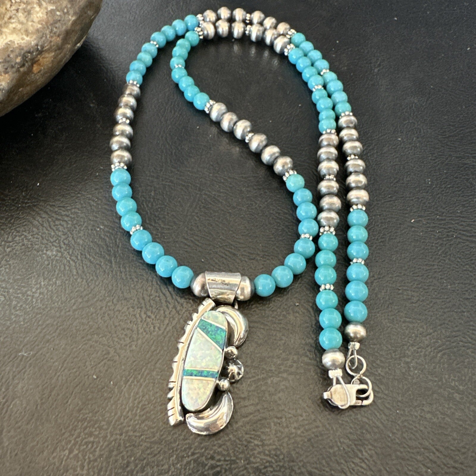 Blue Opal Pendant Turquoise Navajo Sterling Silver Necklace 23" 18735