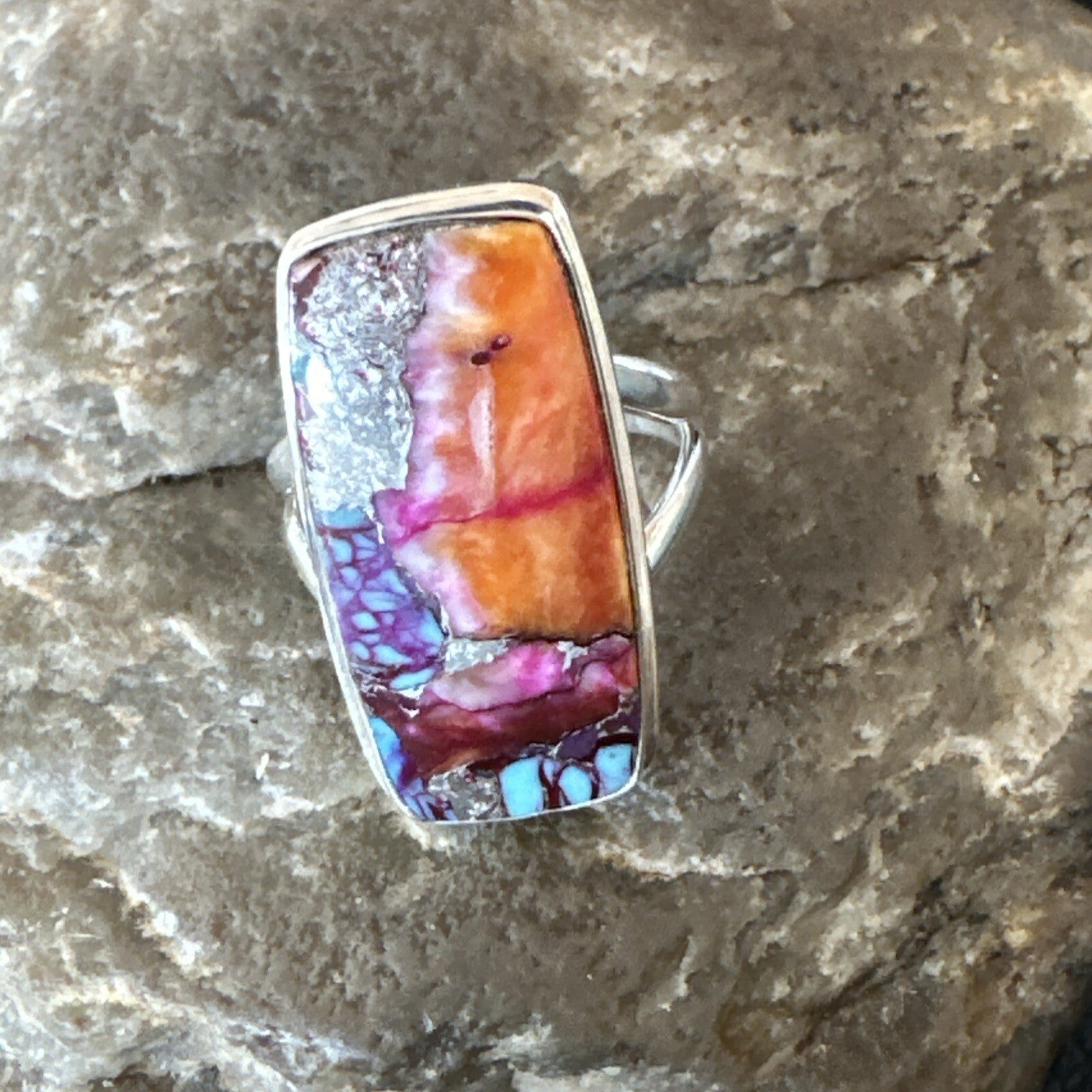Blue Turquoise Spiny Oyster Southwestern Sterling Silver Ring Size 5 18502