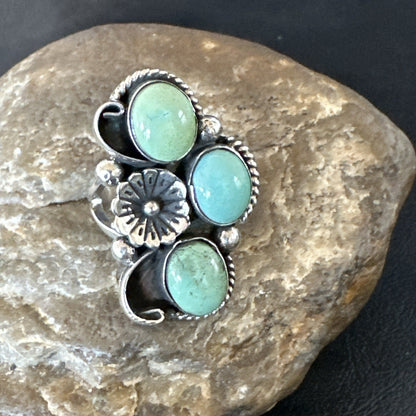 Yazzie Ring Green Turquoise Navajo Sterling Silver Cluster Size 8 19206