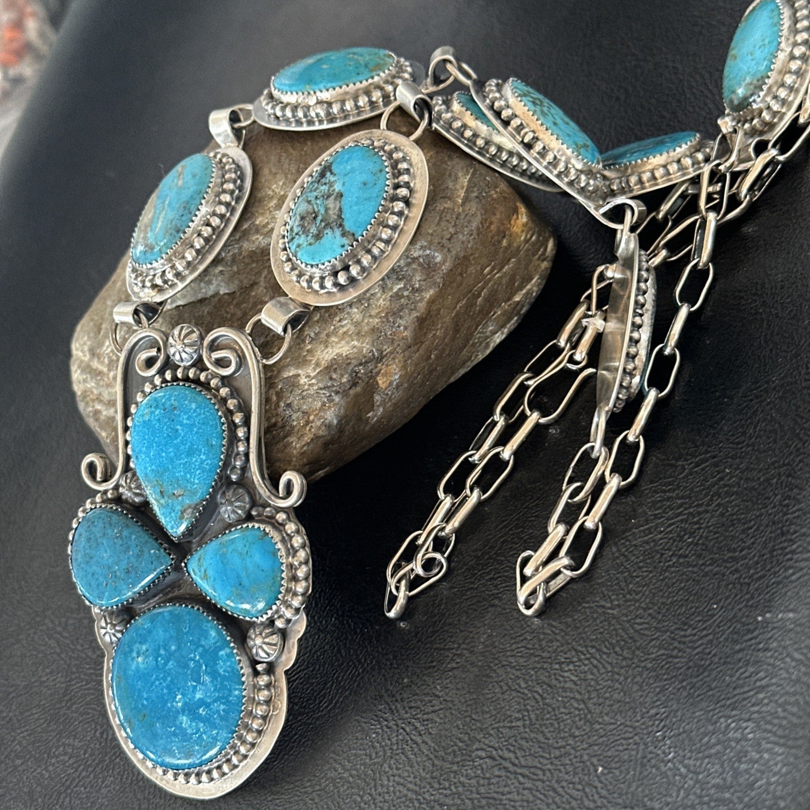 XXL Vintage Kingman Turquoise Navajo Sterling Silver Lariat Necklace 33” 19632