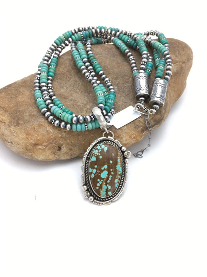 Spider Web Turquoise Pendant Navajo Sterling  Silver Bead 3 Strand Necklace 21in