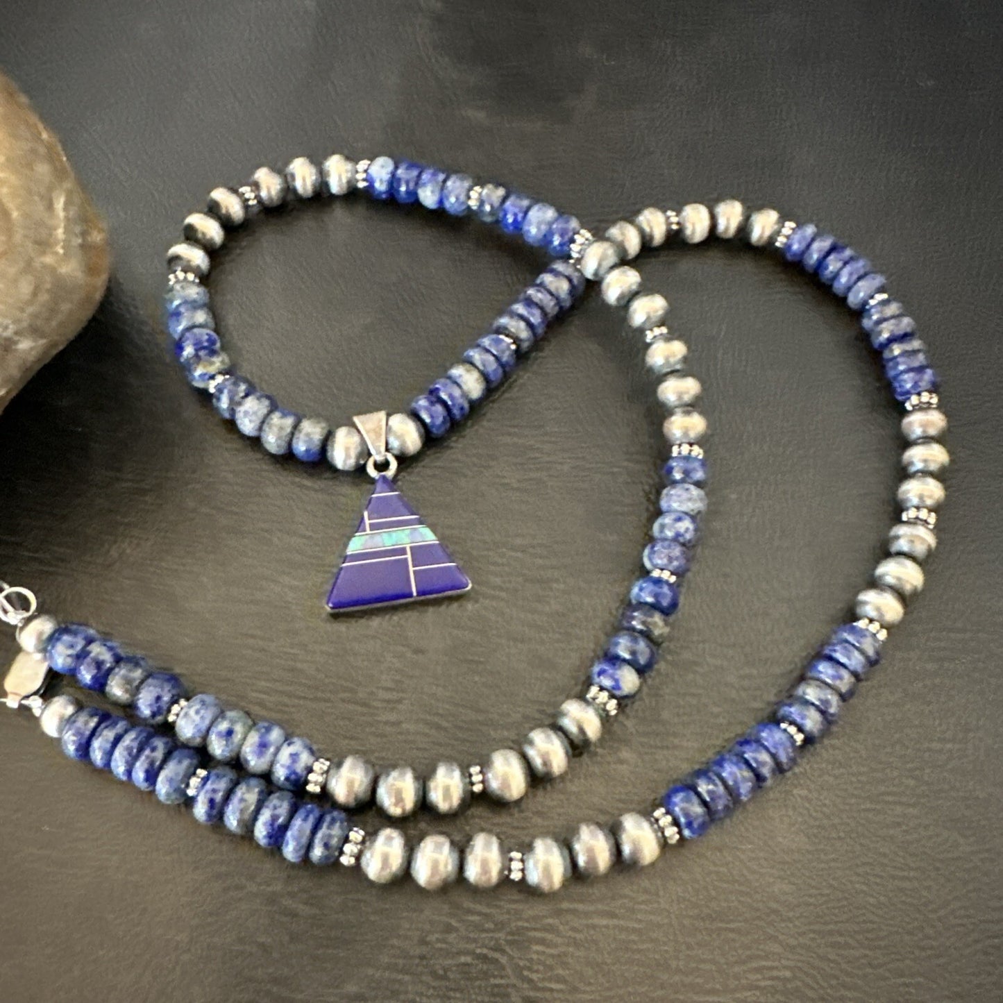 Blue~Lapis~Pendant~Navajo~Pearls~Sterling~Silver~Necklace~ 22”~18743