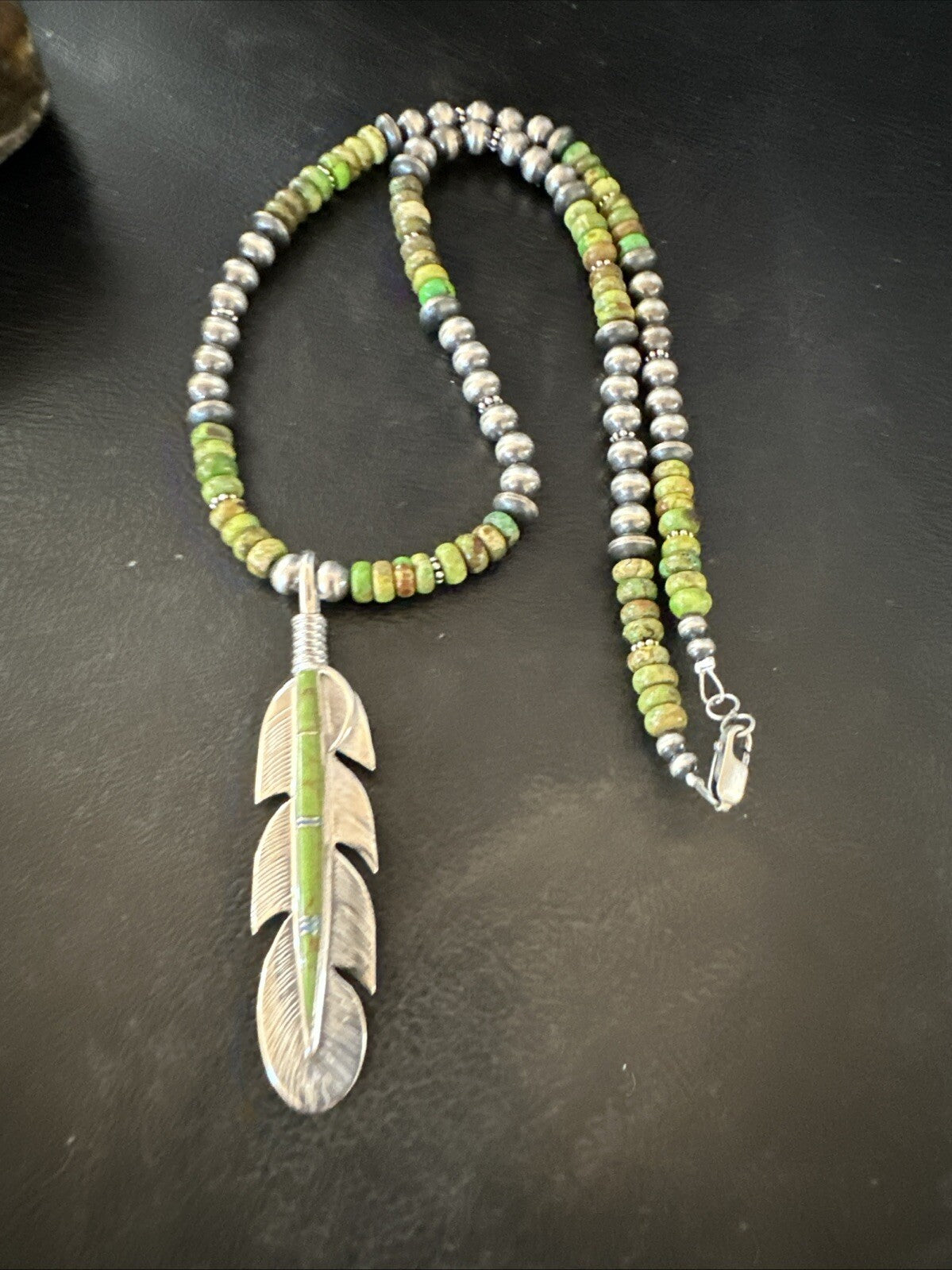 WoMens Green Gaspeite Turquoise Opal Leaf Pendant Sterling Silver Necklace 18665