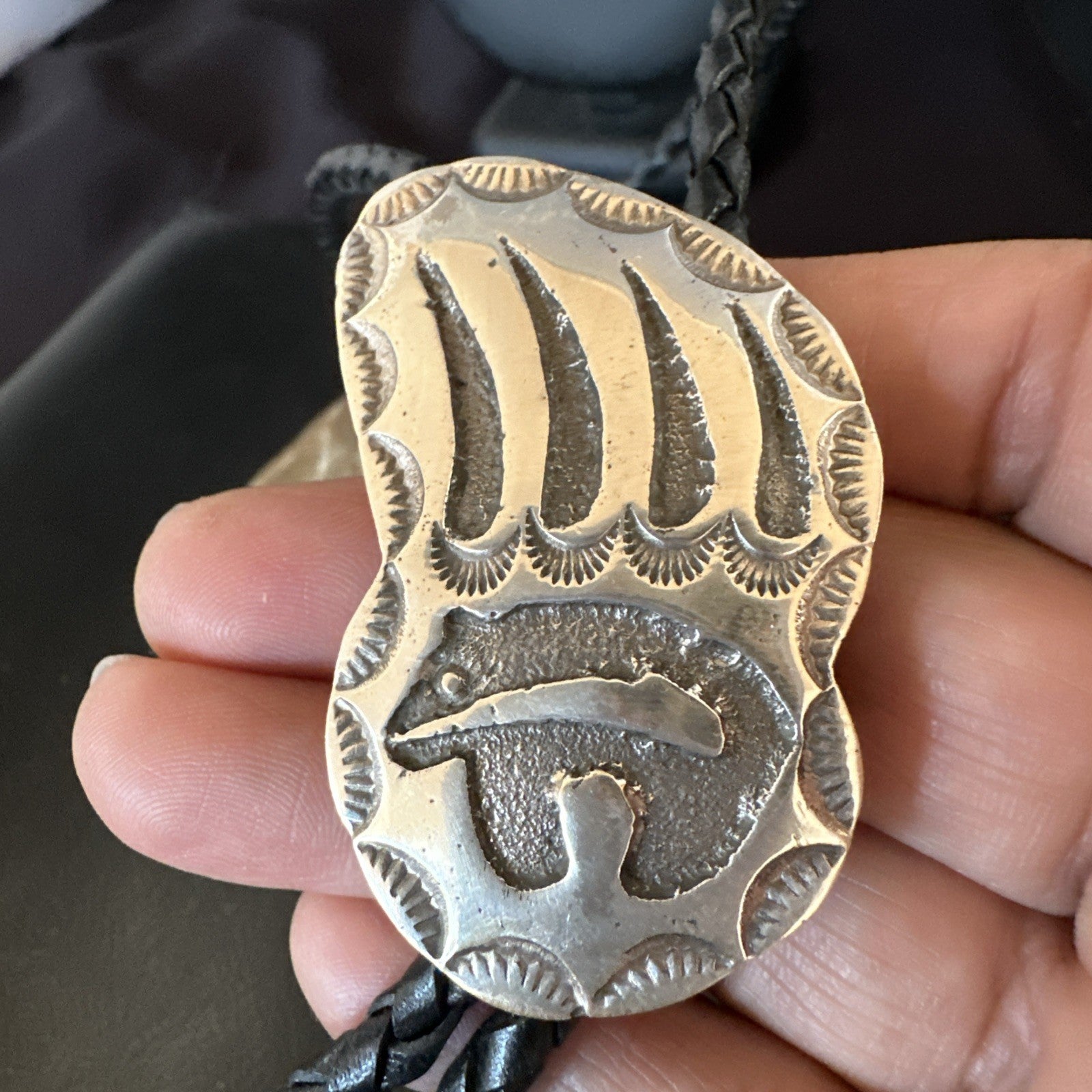 Native American Hopi Mens BearPaw Bolo tie Sterling Silver 2" 19162