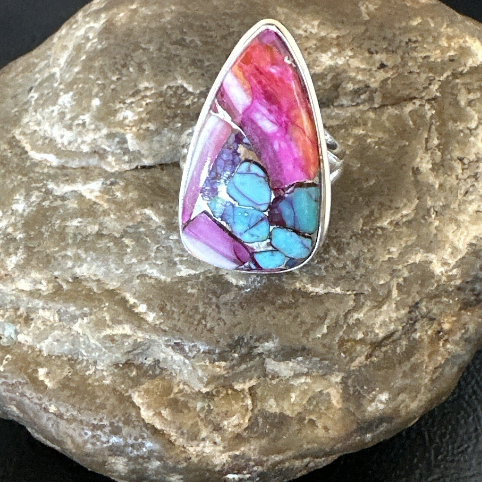 Blue Turquoise Spiny Oyster Navajo Sterling Silver Ring Size 7 18254