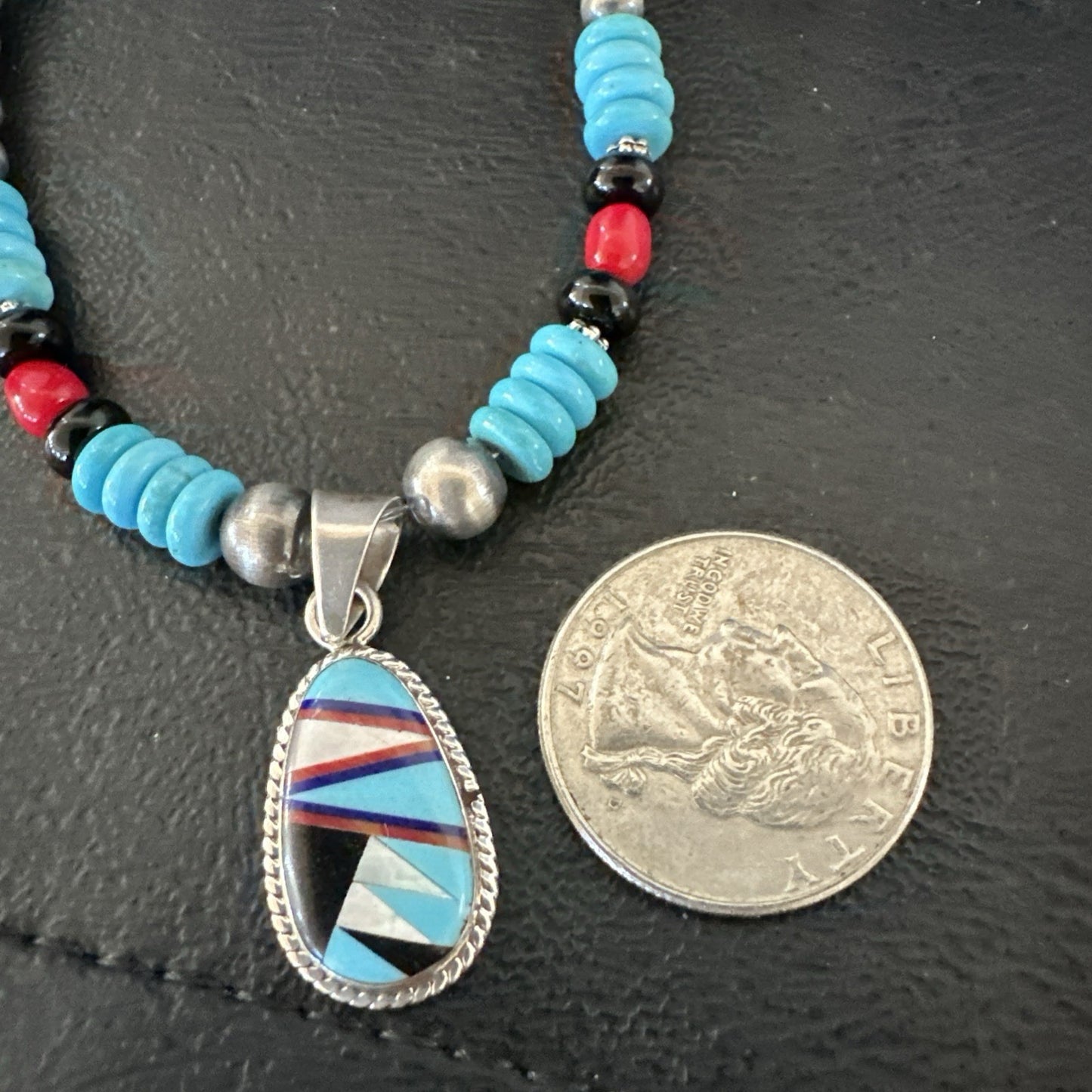 Multicolor Turquoise Coral Navajo Sterling Silver Inlay Pendant Necklace 19648