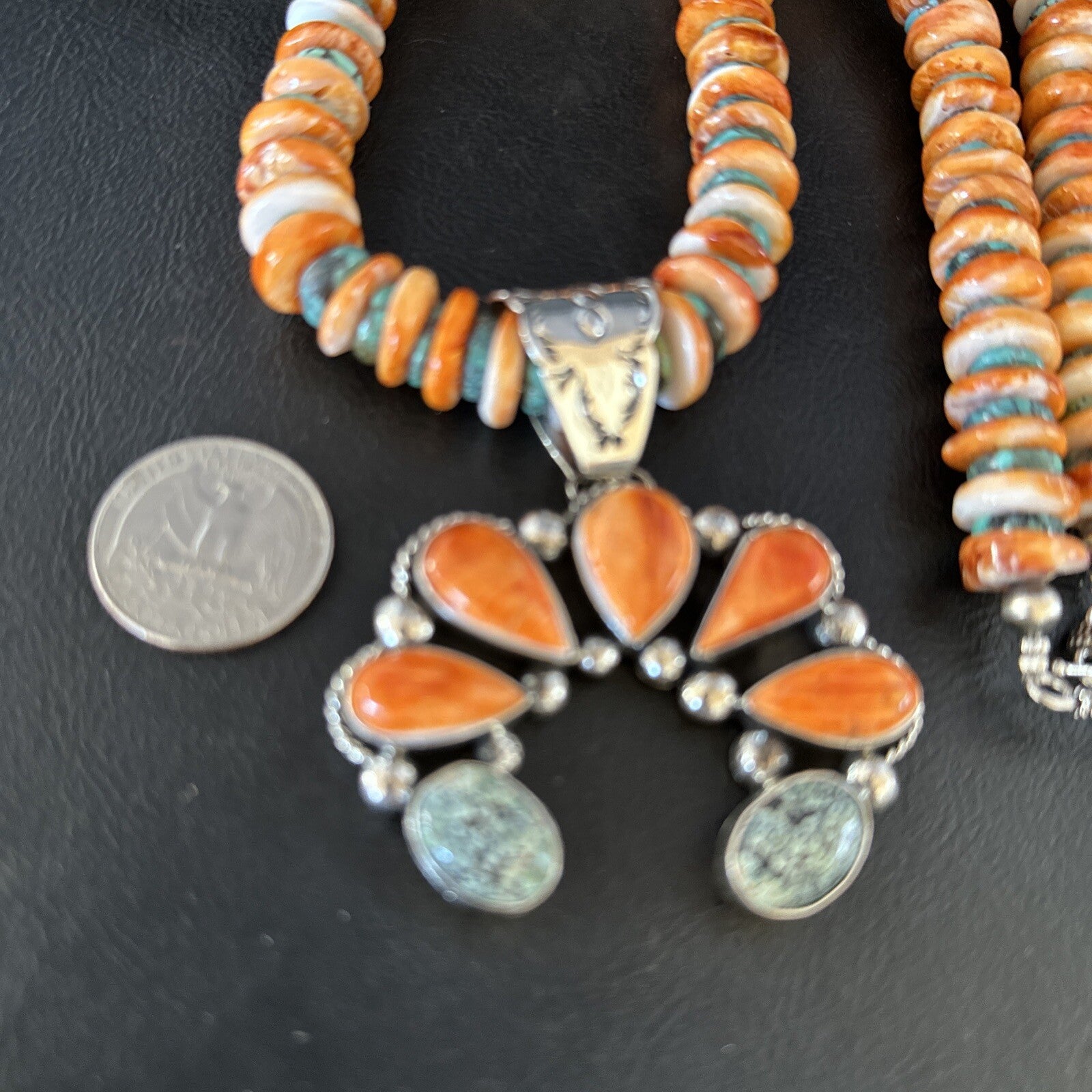 Spiderweb Turquoise & Spiny Oyster Naja Pendant Sterling Silver Necklace 14235