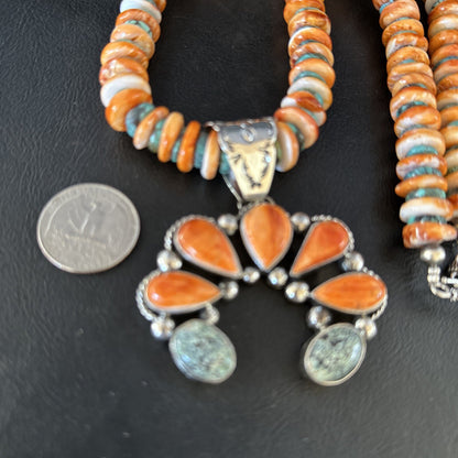 Spiderweb Turquoise & Spiny Oyster Naja Pendant Sterling Silver Necklace 14235