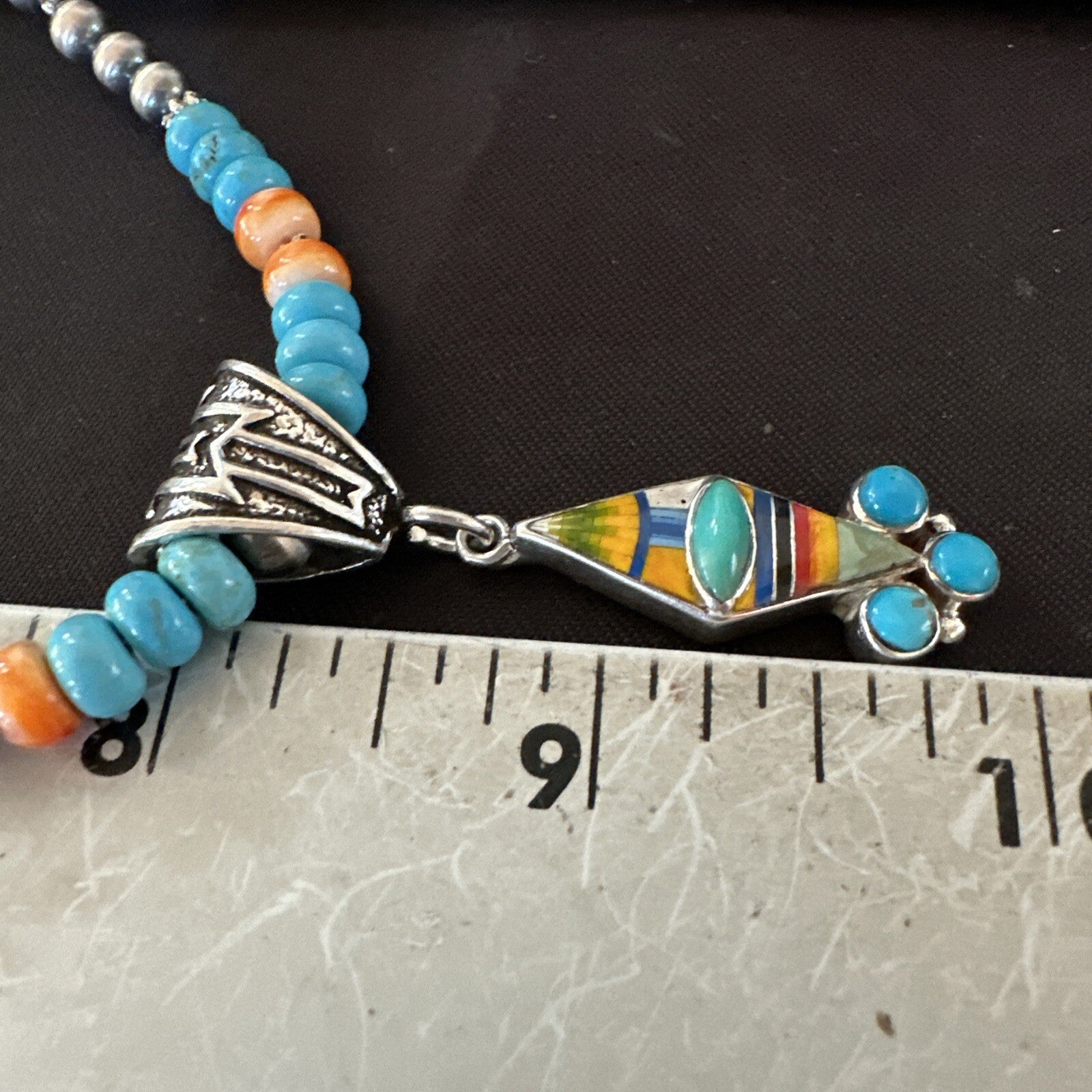 Multicolor Turquoise Pendant Navajo Sterling Silver Beads Necklace 18730