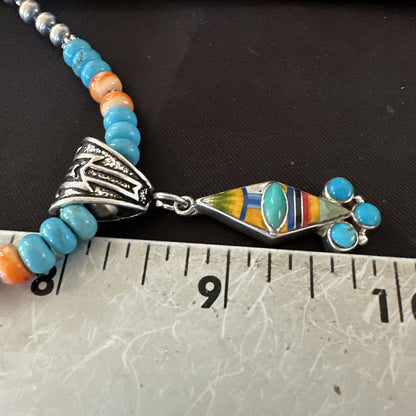 Multicolor Turquoise Pendant Navajo Sterling Silver Beads Necklace 18730
