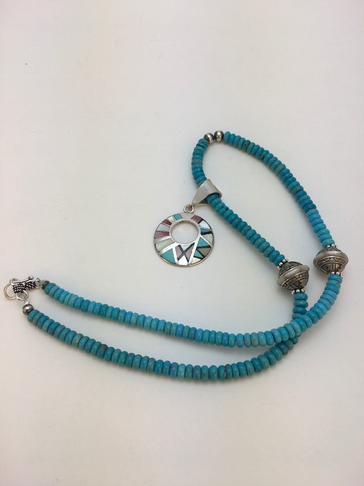 Blue Turquoise Mother Of Pearl Inlay Pendant Sterling Silver Necklace 08902