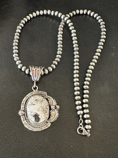 White Buffalo Turquoise Pendant Navajo Pearls Sterling Silver Necklace 19375