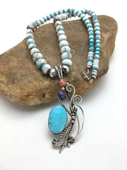 Kingman Turquoise Pendant Navajo Necklace | Sterling Silver | Authentic Native American Handmade | 03043