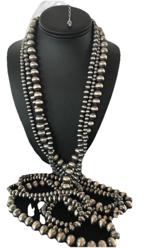 Native American Navajo Pearls Sterling Silver Bead Necklace 60” Long 3 Strands
