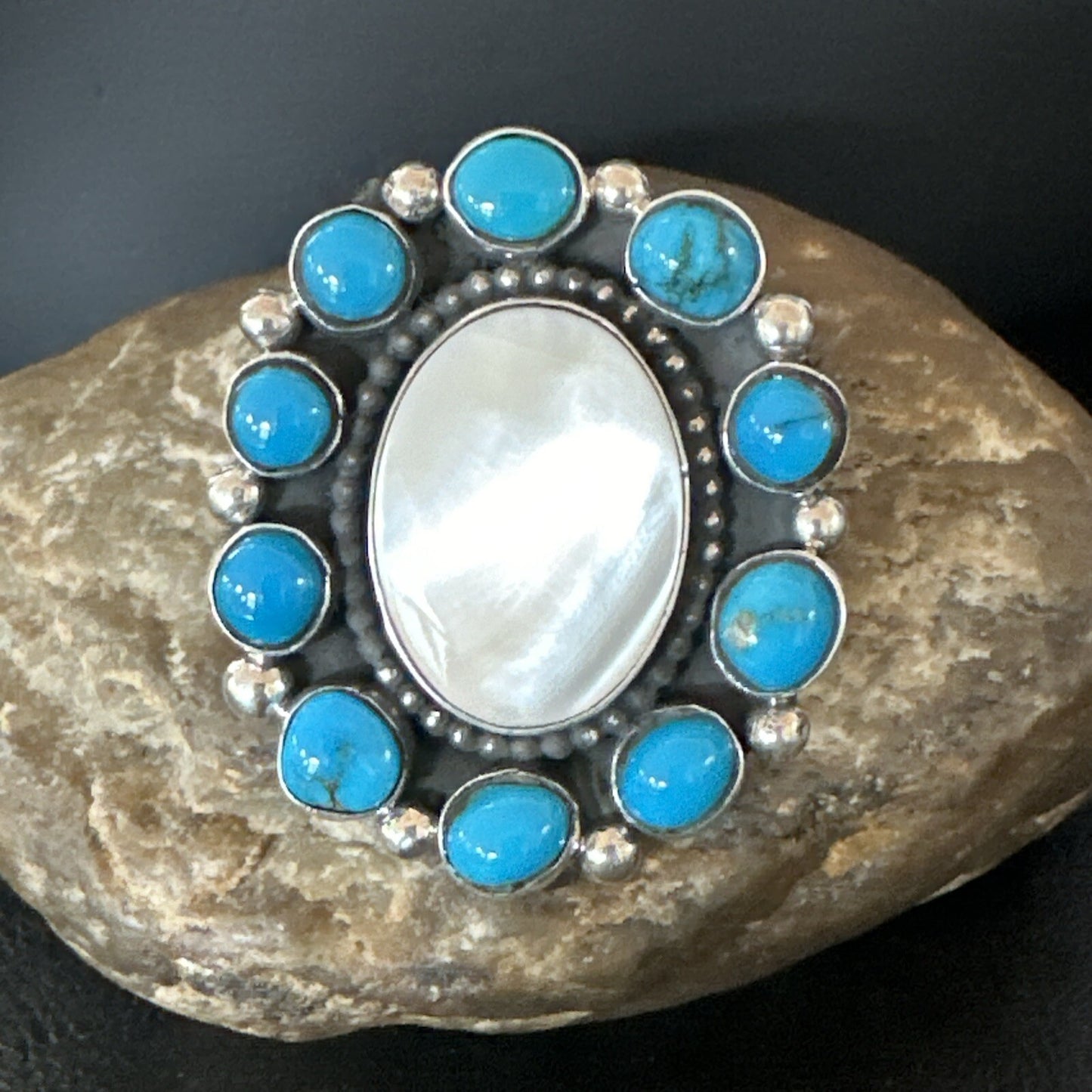 Blue Kingman Turquoise MOP Navajo Sterling Silver Cluster Ring Size 10 18395